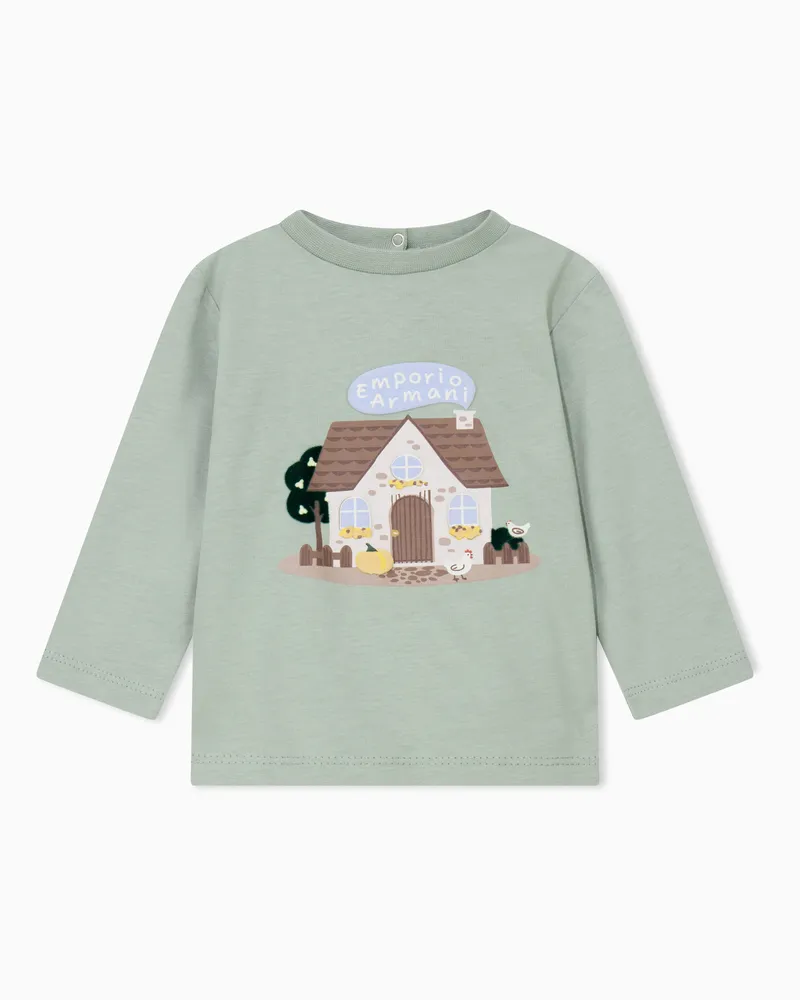 Emporio Armani T-Shirt aus Baumwolljersey mit Hausmotiv und Knöpfen hinten Grün