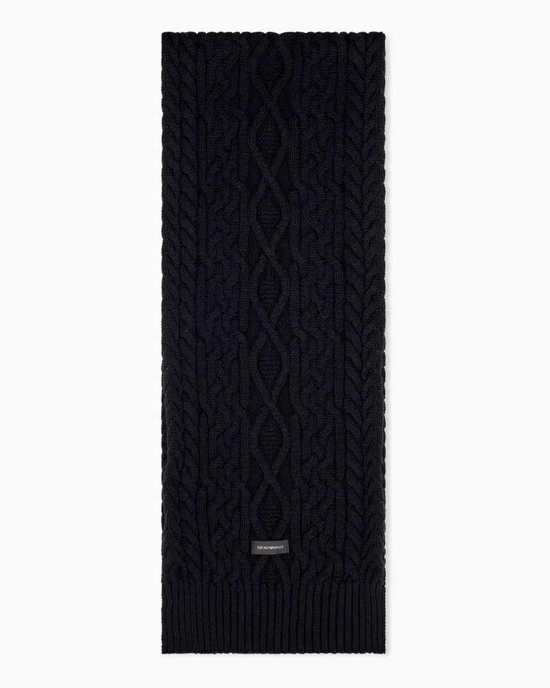 Emporio Armani Schal aus Schurwolle im Zopfmuster mit geripptem Saum Schwarz