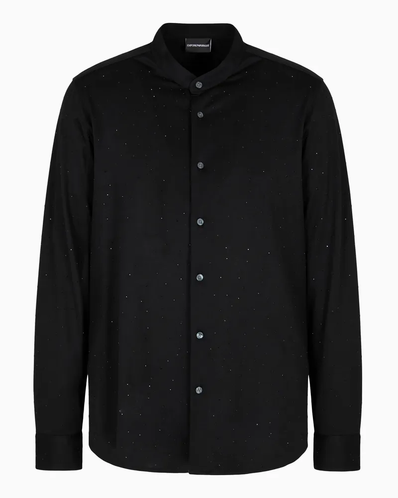 Emporio Armani ASV Hemd mit Grandad-Kragen-Kragen aus einer Jersey-Lyocell-Mischung mit Allover-Strasssteinen der Clubwear-Sonderkollektion Schwarz