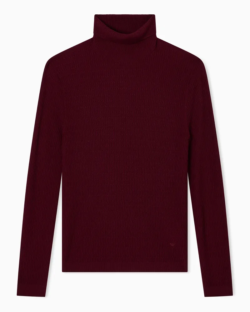 Emporio Armani Rollkragen-Pullover aus Schurwolle in Linksstrick mit Zopfmuster Burgunderrot