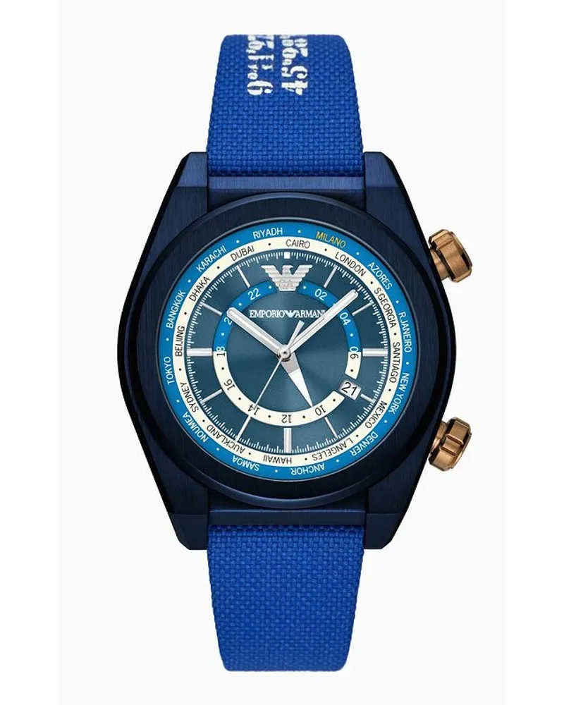 Emporio Armani Uhr mit Doppelter Zeitangabe und Blauem Textilarmband Blau