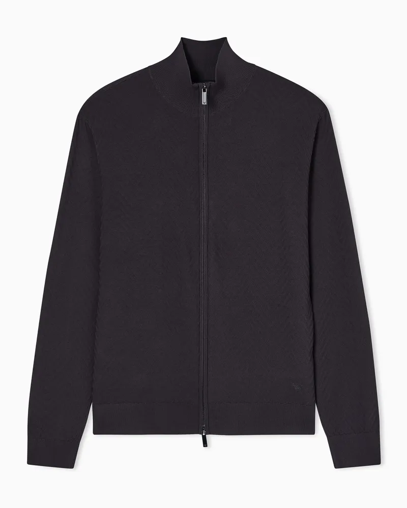 Emporio Armani Icon ASV Cardigan aus Viskosemischung mit Chevron-Muster und durchgehendem Reißverschluss Grau