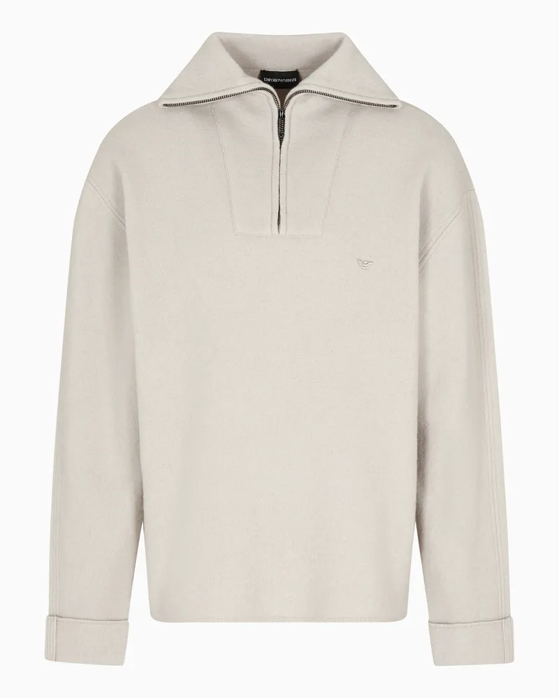 Emporio Armani Pullover mit partiellem Reißverschluss aus Schurwolle in Sweatjersey-Verarbeitung Beige