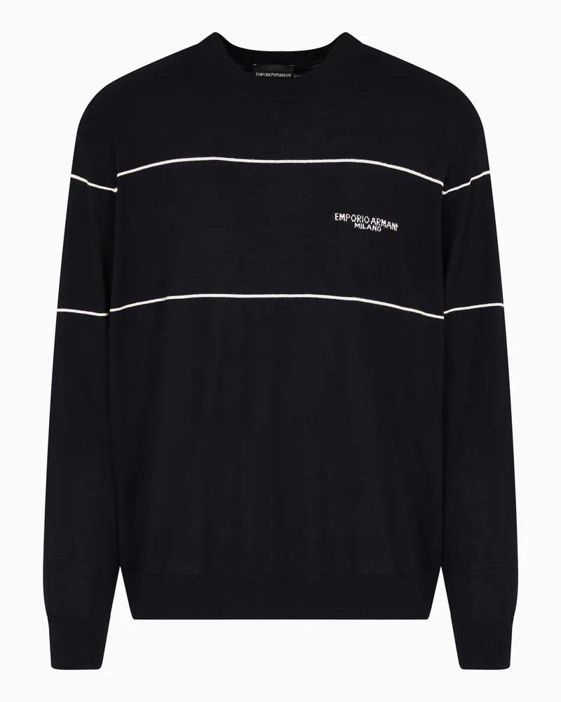 Emporio Armani Pullover aus Schurwolle mit Logo aus Jacquard-Stoff Blau