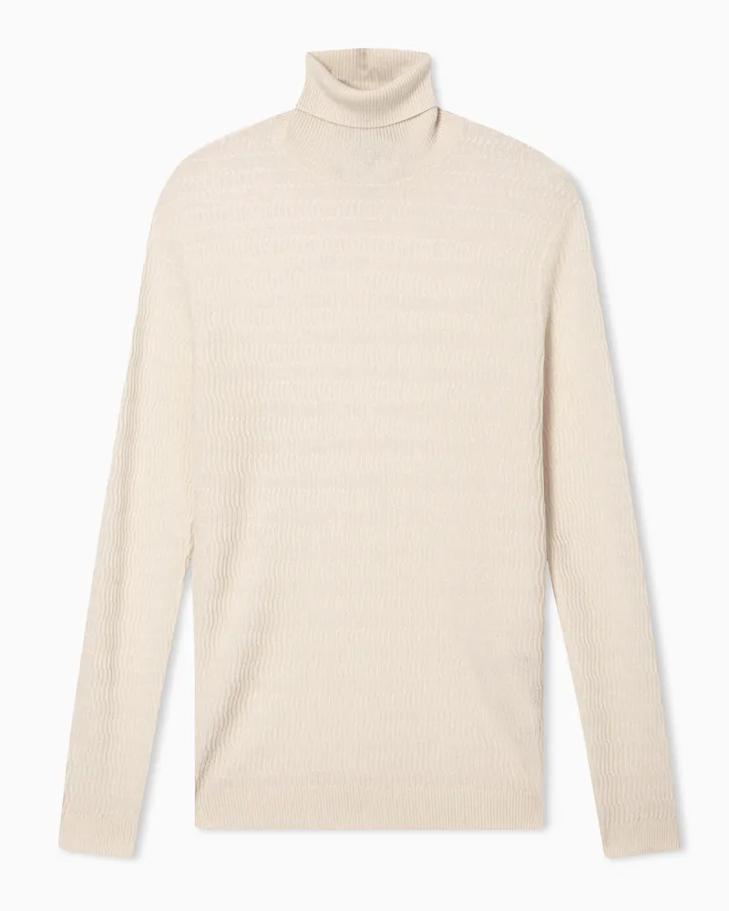 Emporio Armani Rollkragen-Pullover aus Schurwolle in Linksstrick mit Zopfmuster Beige