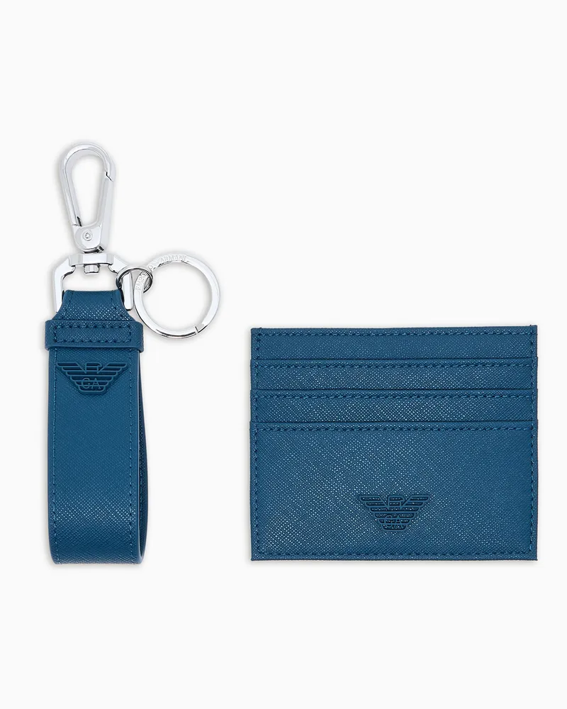 Emporio Armani ASV Geschenkbox mit Schlüsselring und Kartenetui aus regeneriertem Saffiano-Leder Blau