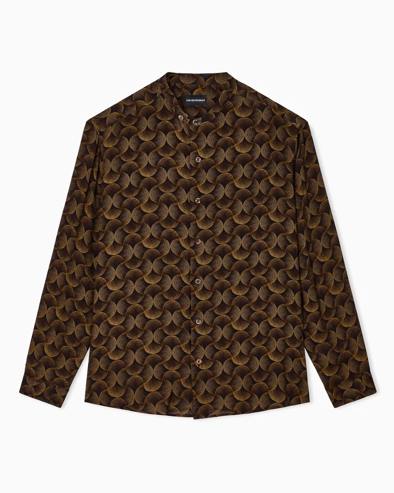 Emporio Armani Hemd aus bedrucktem Creponne mit Grandad-Kragen Beige
