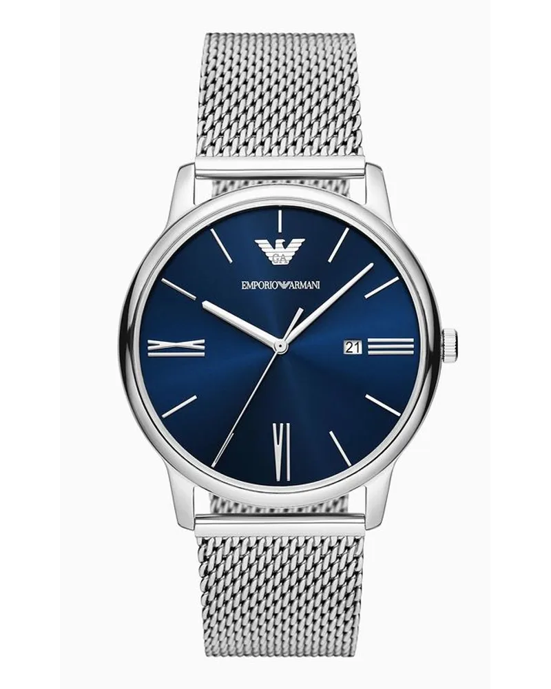 Emporio Armani Uhr mit Drei Zeigern und Schwarzem Mesharmband Silber