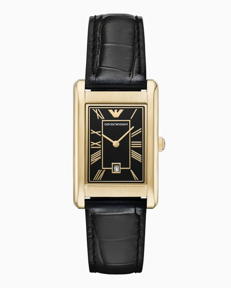 Emporio Armani Schwarze Lederuhr mit zwei Zeigern und Datumsanzeige Mehrfarbig