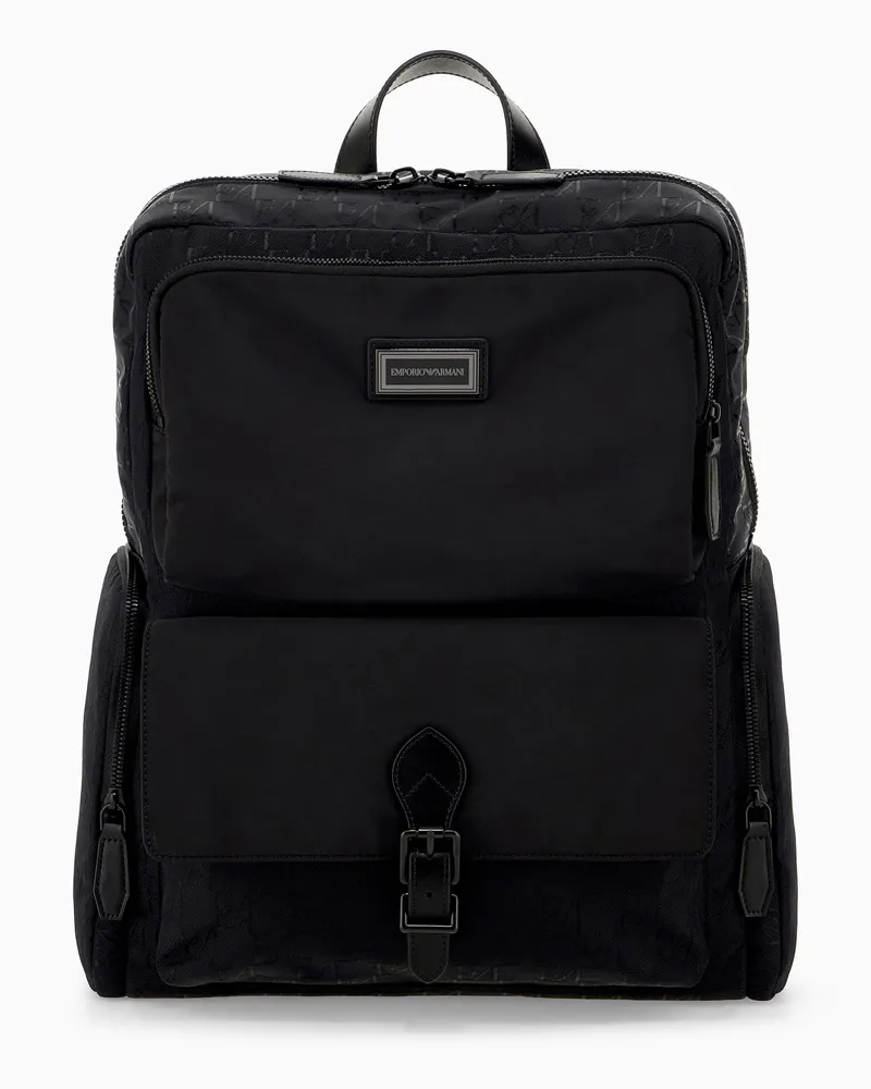 Emporio Armani Rucksack aus Polyamid mit geprägtem Muster und Fronttasche Schwarz