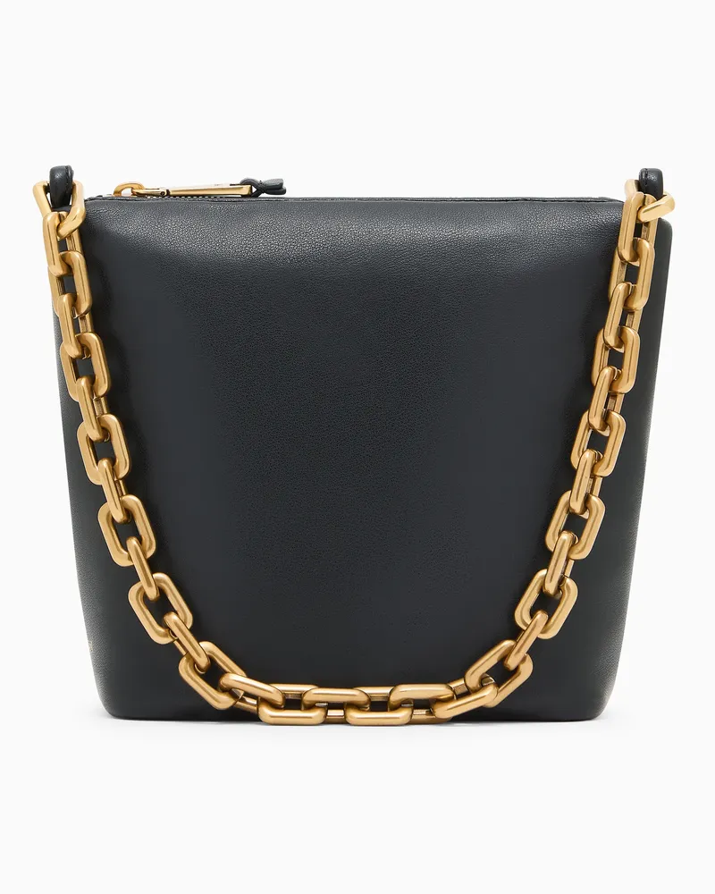 Emporio Armani Kleine Hobo Bag aus Leder mit Kette Schwarz