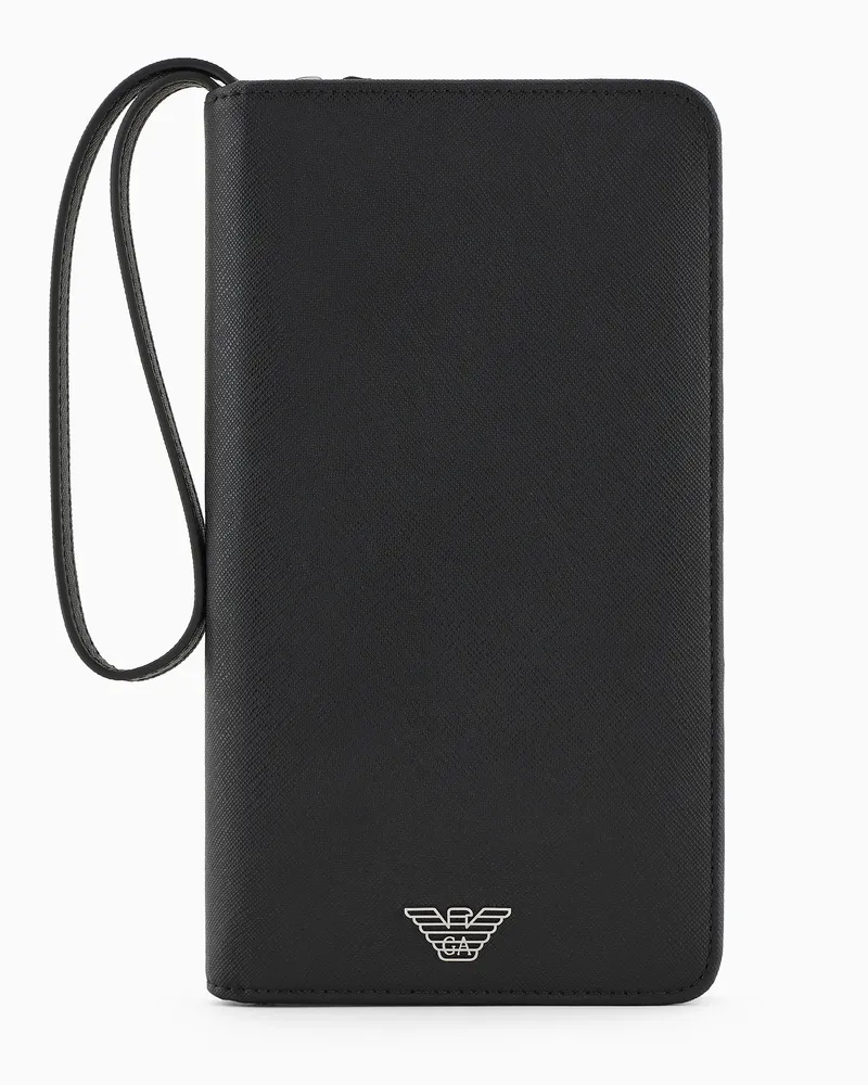 Emporio Armani ASV Organizer aus neu aufbereitetem Saffiano-Leder mit Adler-Plakette Schwarz