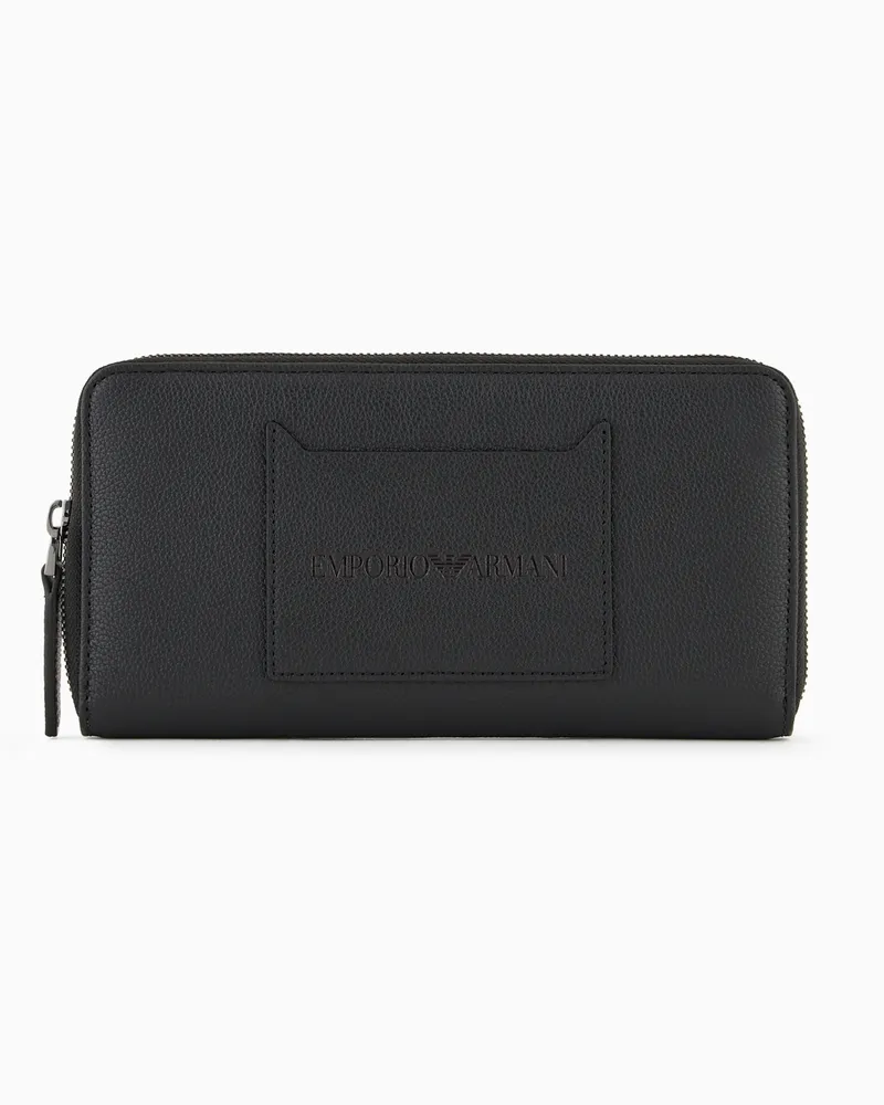 Emporio Armani Portemonnaie aus getrommeltem Leder, mit Außentasche und Rundum-Reißverschluss Schwarz