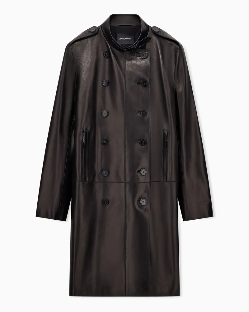 Emporio Armani Zweireihiger Regular Fit Trenchcoat aus Nappaleder Schwarz