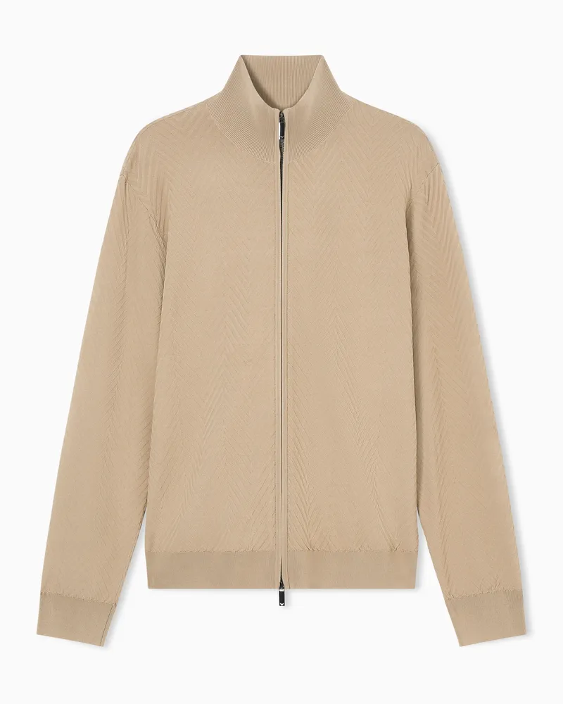 Emporio Armani Icon ASV Cardigan aus Viskosemischung mit Chevron-Muster und durchgehendem Reißverschluss Beige