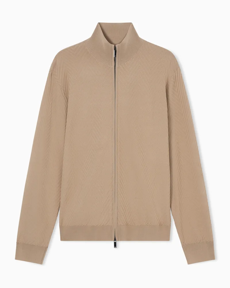 Emporio Armani Full zip chevron stitch cardigan in viscose blend Icon ASV Beige
