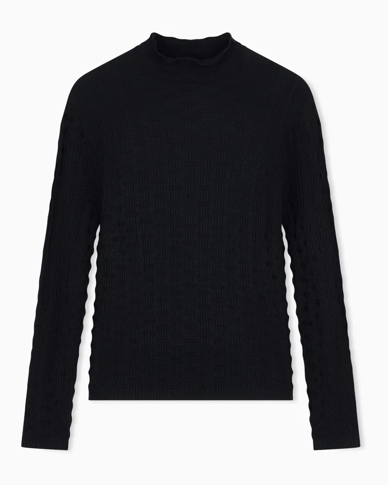 Emporio Armani Viskosepullover mit Stehkragen und kariertem Rippenmuster Schwarz