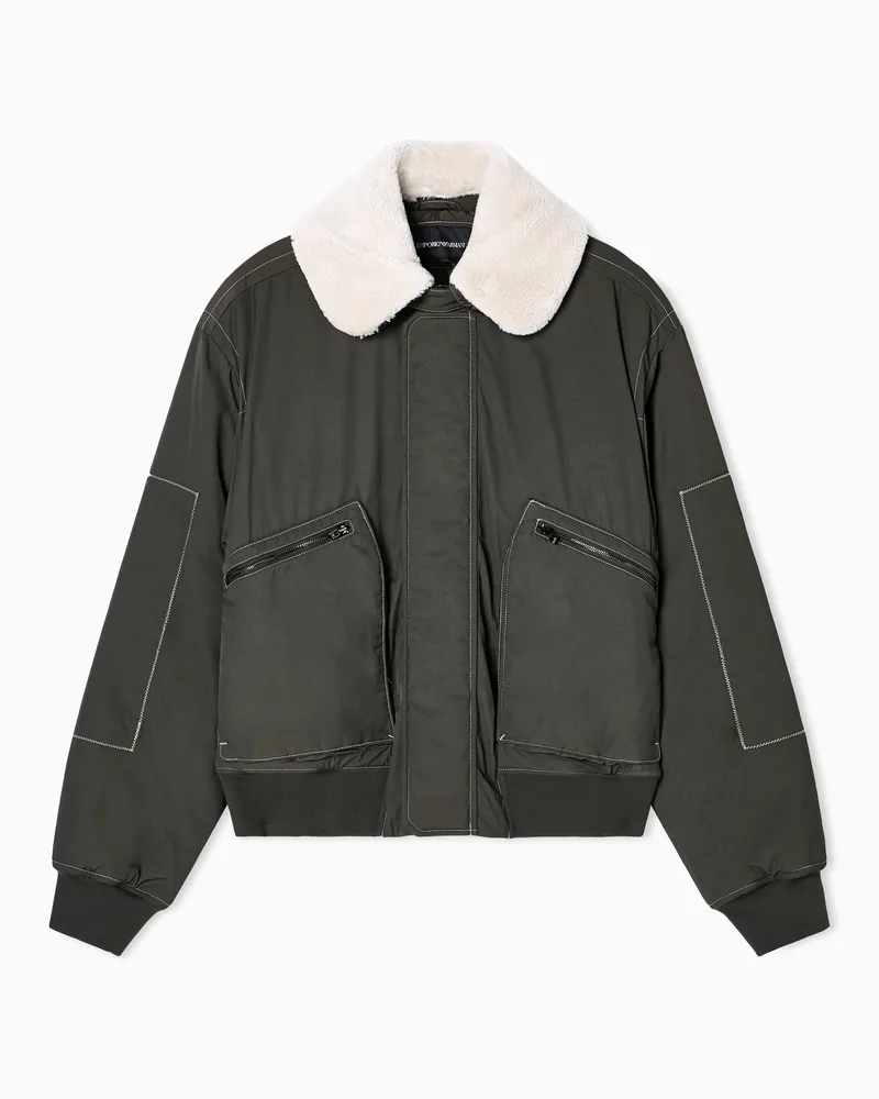 Emporio Armani Bomberjacke aus Nylon-Twill mit Kragen in Shearling-Optik Grün
