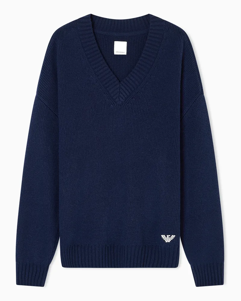 Emporio Armani Pullover mit V-Ausschnitt aus der New York Sonderkollektion, gefertigt aus einer Woll-Mischung Marineblau