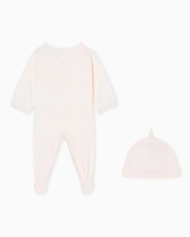 Emporio Armani Set aus Jersey-Strampler und Mütze mit optischem Adlerdetail Pink