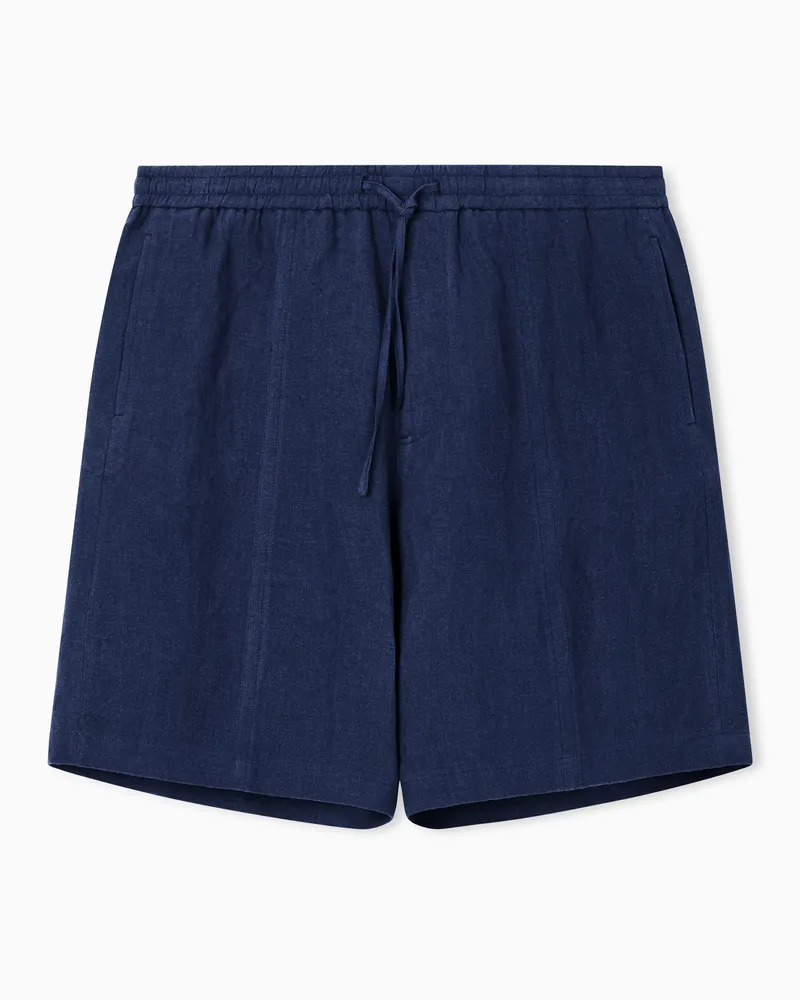 Emporio Armani Bermuda shorts with drawstring in washed linen with crepe hand Blau