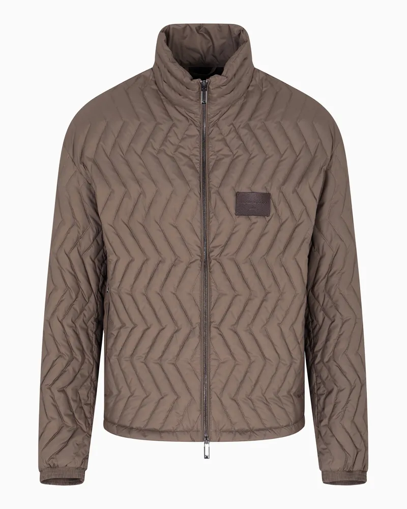 Emporio Armani Daunenjacke mit durchgehendem Reißverschluss, gefertigt aus Ripstop-Nylon mit Fischgrat-Matelassé Beige
