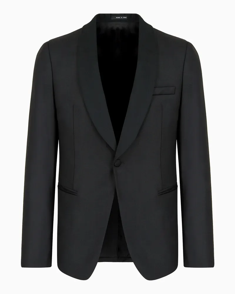 Emporio Armani Einreihiges Sakko aus gekämmtem Schurwollfresko mit Schalrevers aus Satin Schwarz