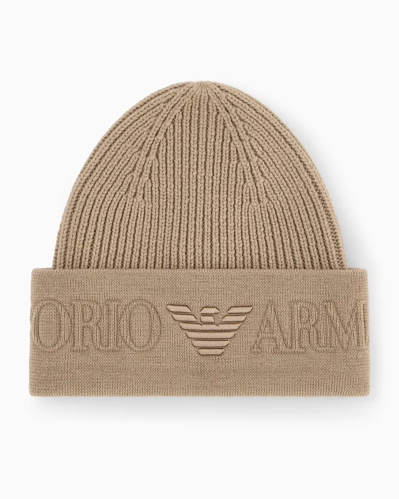 Emporio Armani Beanie aus Schurwolle im Rippstrick mit Umschlag und Logo Braun