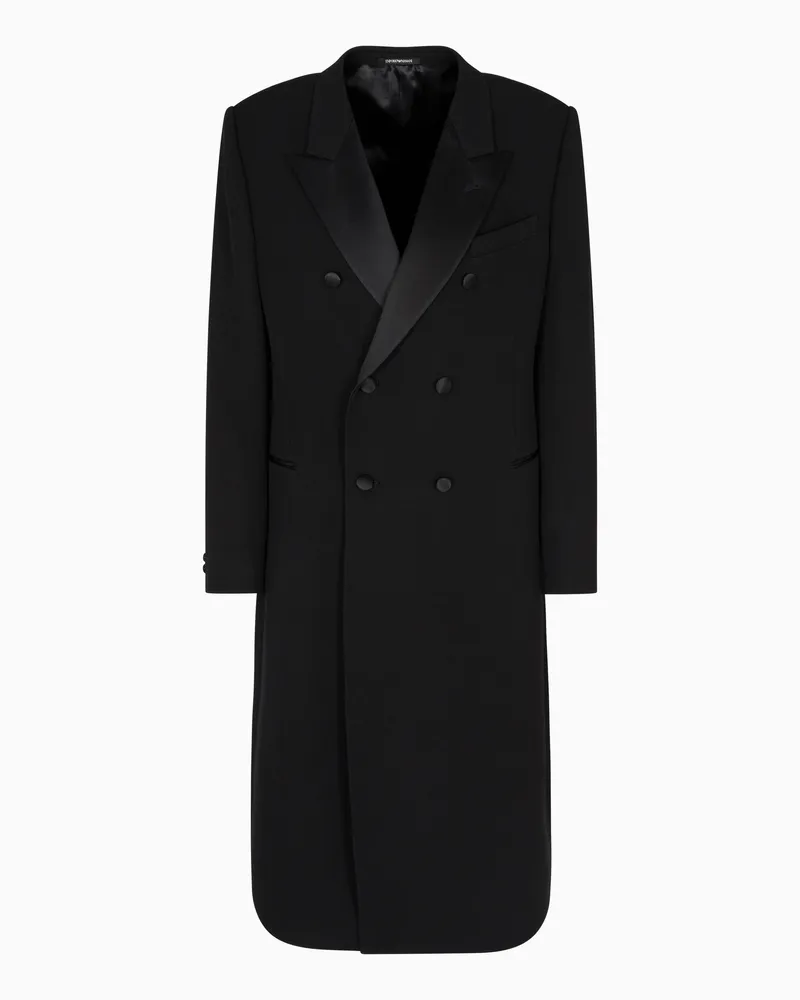 Emporio Armani Zweireihiger Mantel aus Granité-Schurwolle mit Satindetails Schwarz
