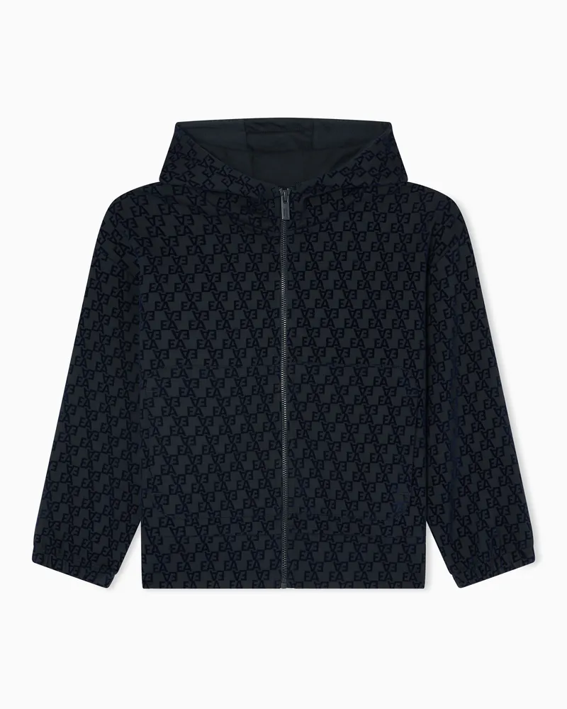 Emporio Armani Oversize-Sweatshirt mit Reißverschluss, Kapuze und geflocktem EA-Allover-Logo, gefertigt aus Interlock-Jersey Marineblau