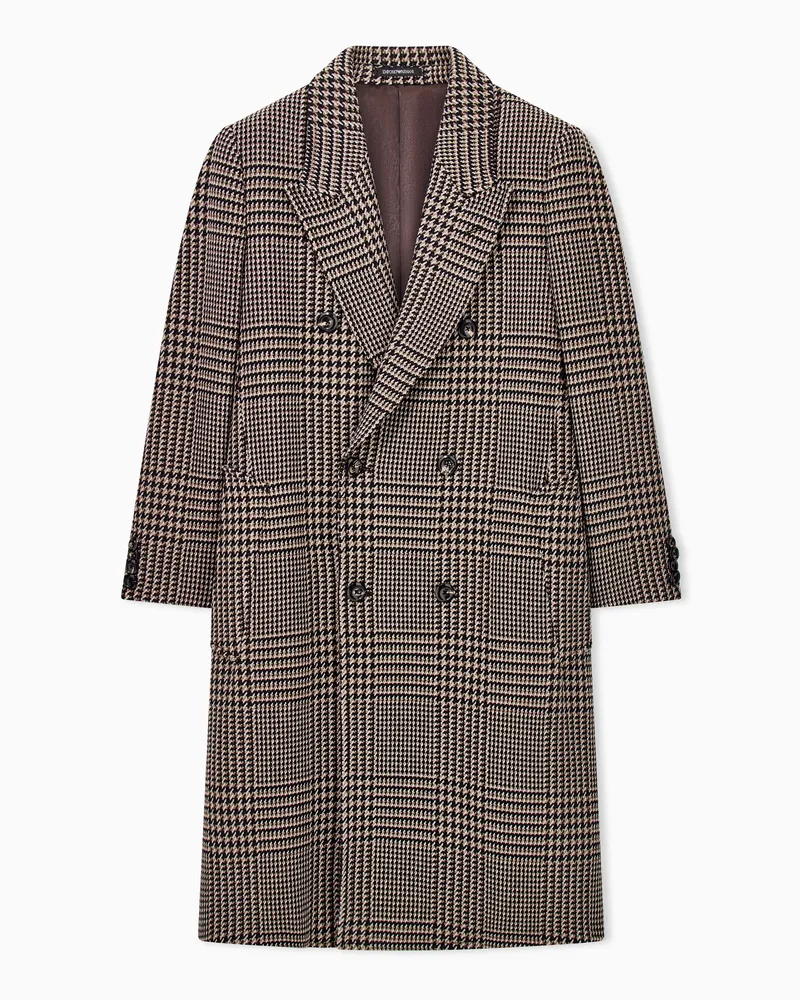 Emporio Armani Tweed-Mantel aus Schurwolle mit Glencheck und Reverskragen Beige