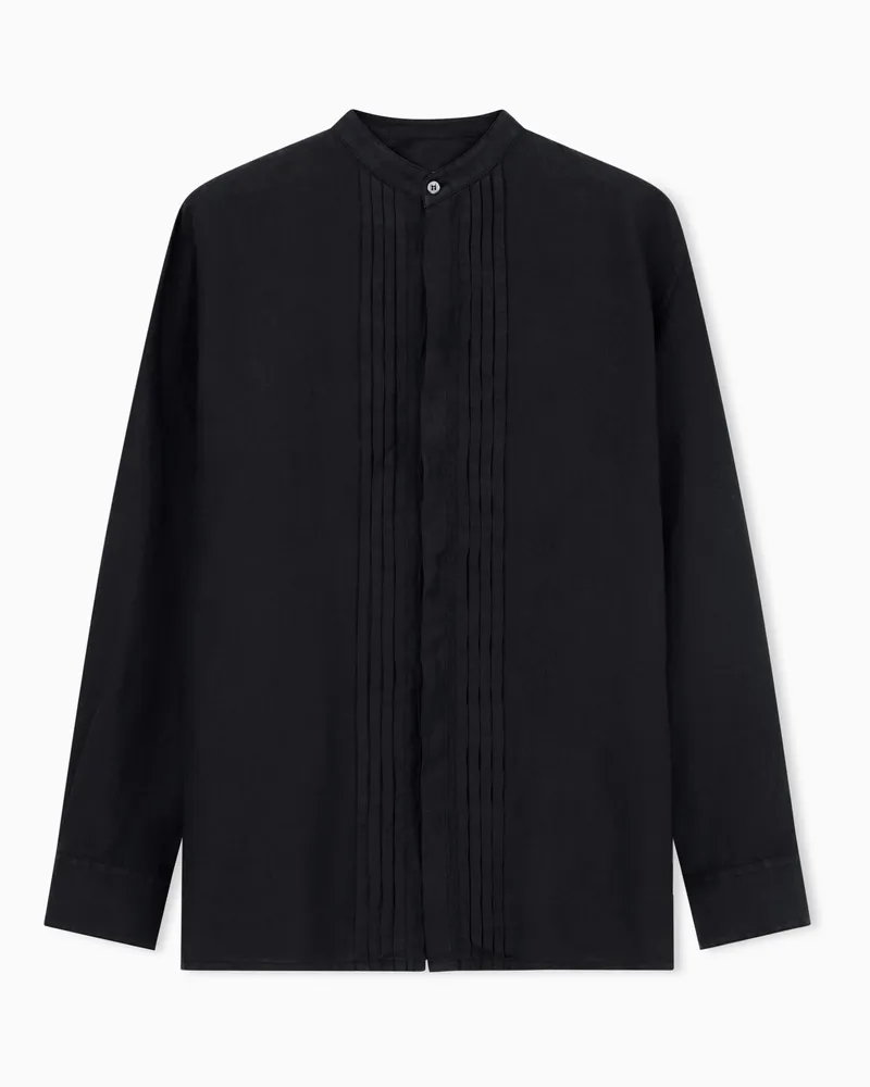 Emporio Armani Hemd mit Grandad-Kragen aus stückgefärbtem Leinen und mit plissiertem Detail Schwarz