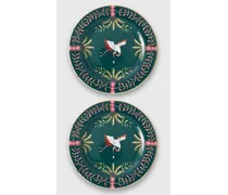 Set Of Two Egret-print Porcelain Dessert Plates