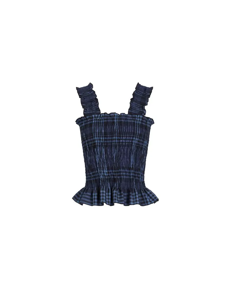 8 by Yoox COTTON CHECK RUFFLED SMOCK TOP  - TOPS - Topsauf YOOX.COM Nachtblau