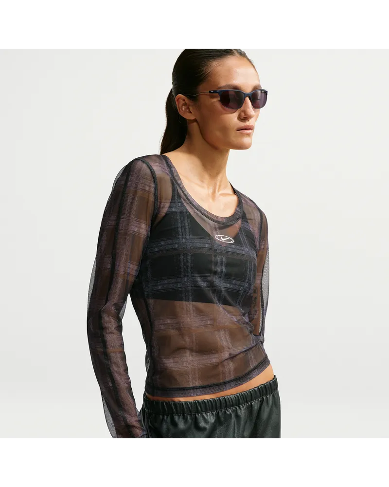 Nike kariertes Mesh-Longsleeve-Oberteil mit schmaler Passform (Damen) - Schwarz Schwarz