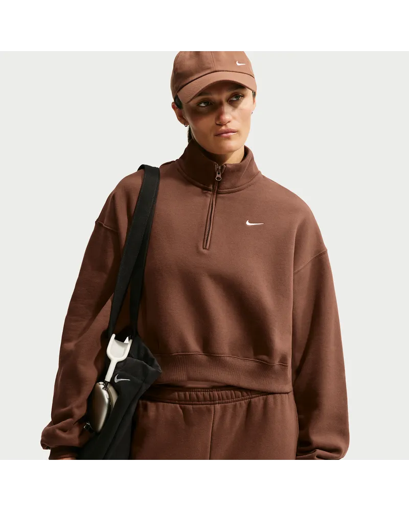 Nike Studio Fleece Medium Weight verkürztes Oversize-Top mit Viertelreißverschlus (Damen) - Braun Braun