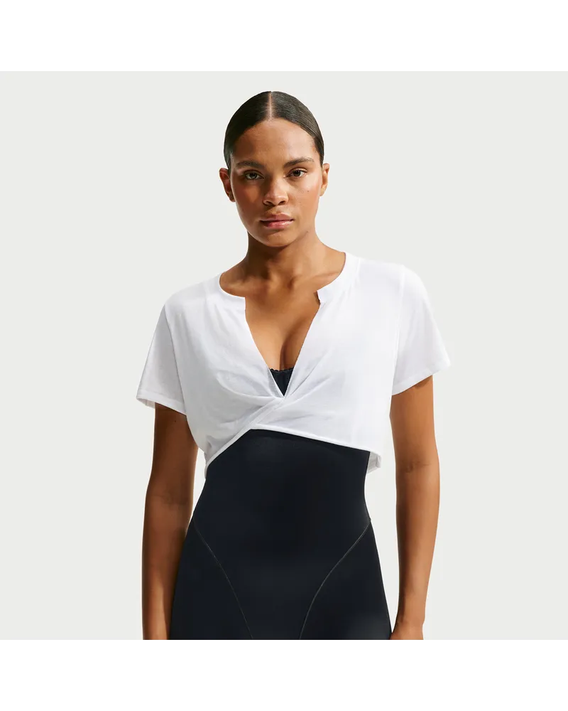 Nike SKIMS Performance Cotton Blend Cropped-Twist-Kurzarm-Oberteil mit V-Ausschnitt (Damen) - Weiß Weiß