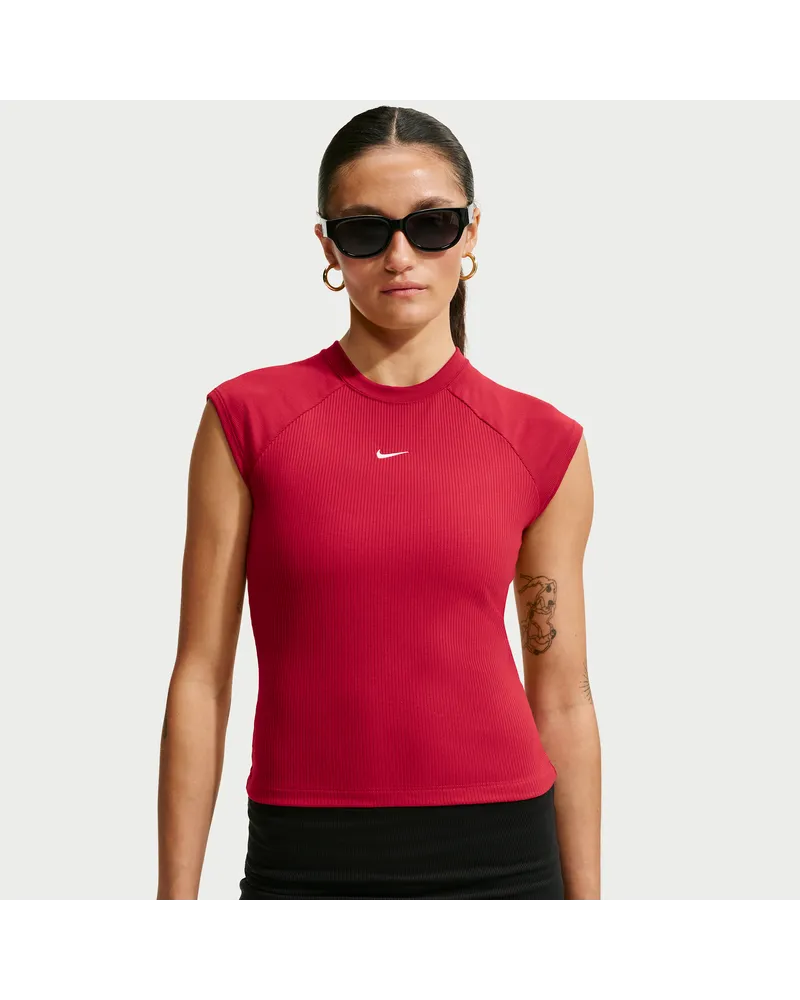 Nike Chill Knit kurzärmliges, eng geschnittenes Ripp-Oberteil (Damen) - Rot Rot