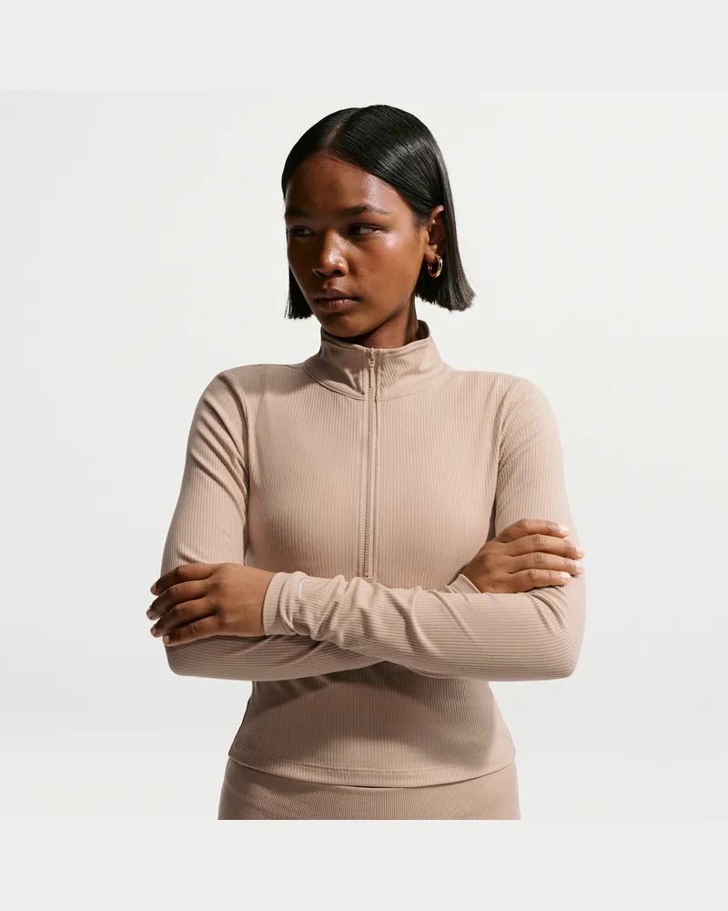 Nike Chill Knit langärmliges, eng geschnittenes Ripp-Oberteil mit Viertel-Reißverschluss (Damen) - Braun Braun