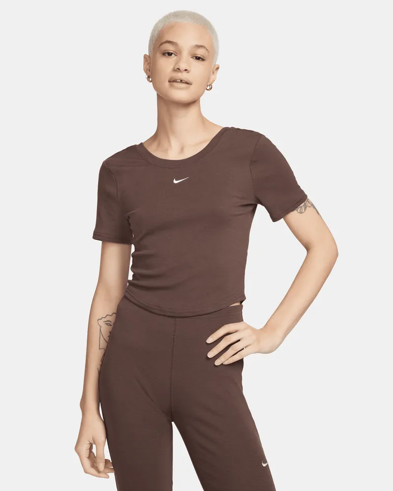 Nike Sportswear Chill Knit enges Kurzarm-Mini-Rippen-Oberteil mit Scoop-Rücken für Damen - Braun Braun