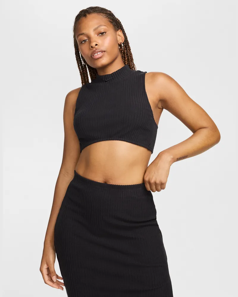 Nike Chill Rib Tanktop mit Stehkragen und kurzer, enger Passform (Damen) - Schwarz Schwarz