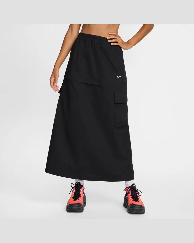 Nike Sportswear Essential gewebter Cargo-Midirock mit mittelhohem Bund (Damen) - Schwarz Schwarz