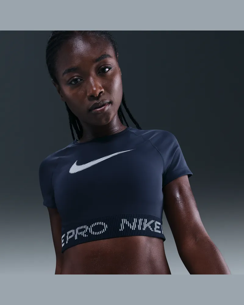 Nike Pro Dri-FIT kürzer geschnittenes Kurzarmshirt mit Grafik (Damen) - Blau Blau