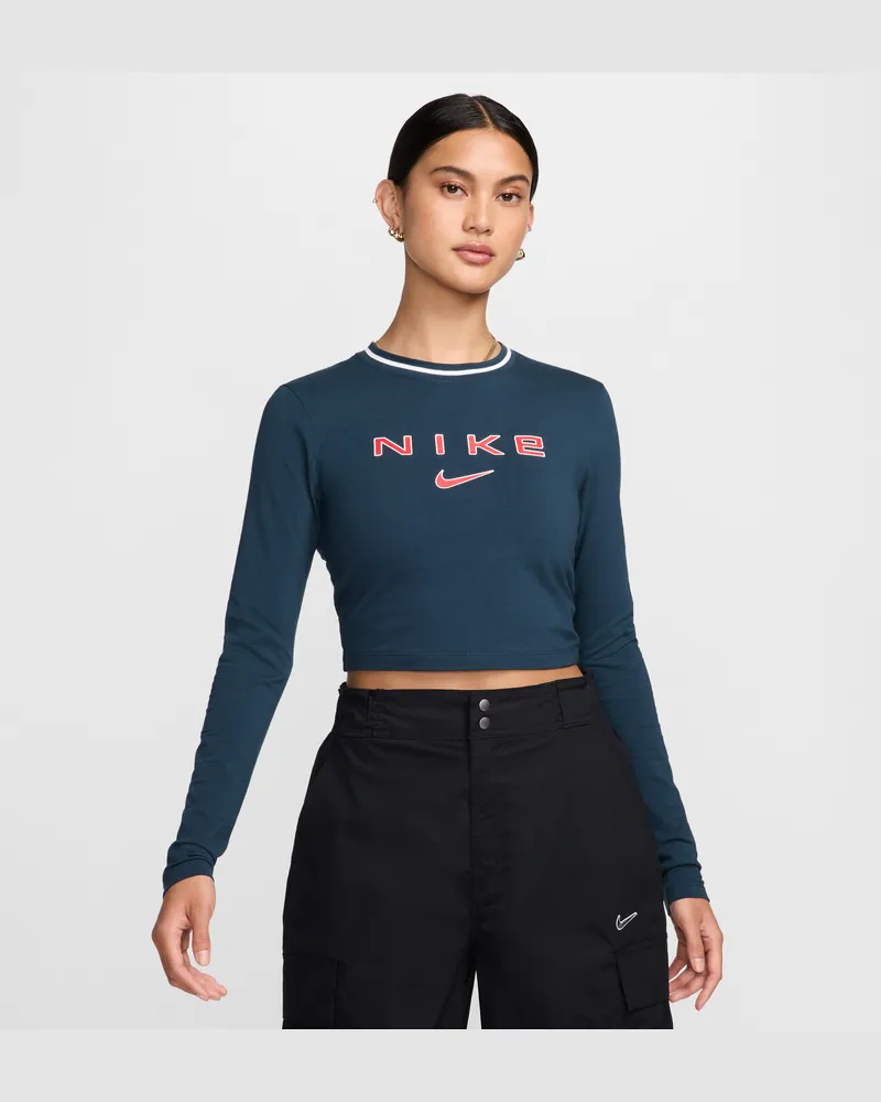 Nike Sportswear Chill Knit schmales, verkürztes Longsleeve mit Grafik (Damen) - Blau Blau