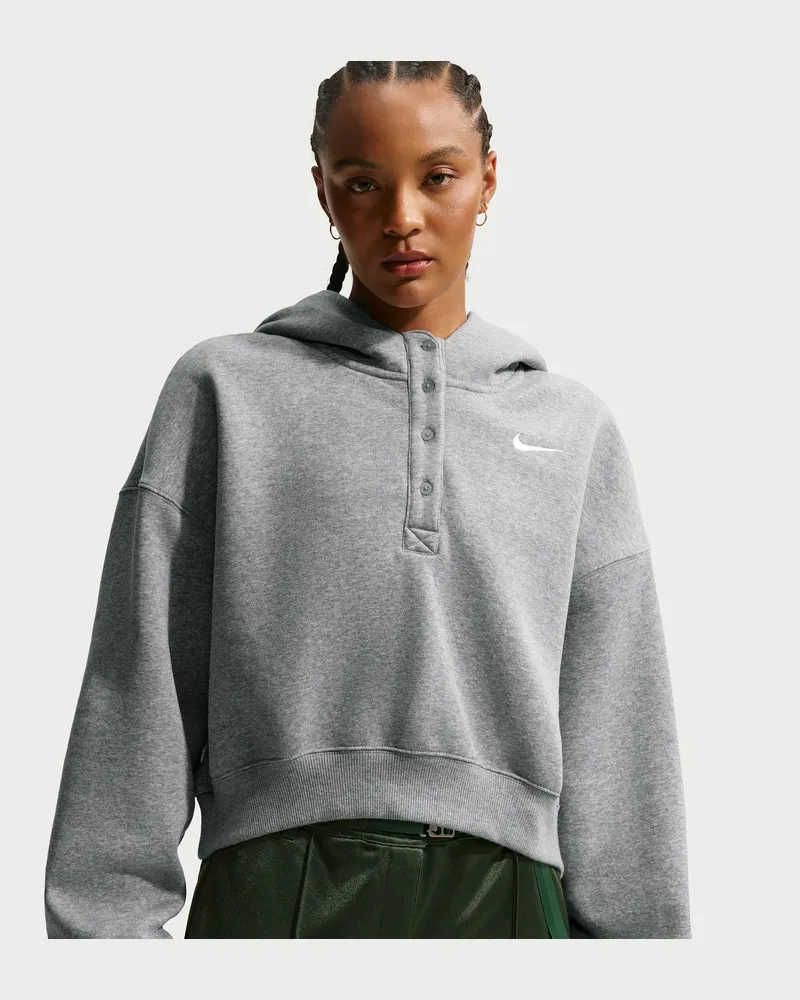 Nike Phoenix verkürzter Oversize-Henley-Hoodie aus Fleece (Damen) - Grau Grau