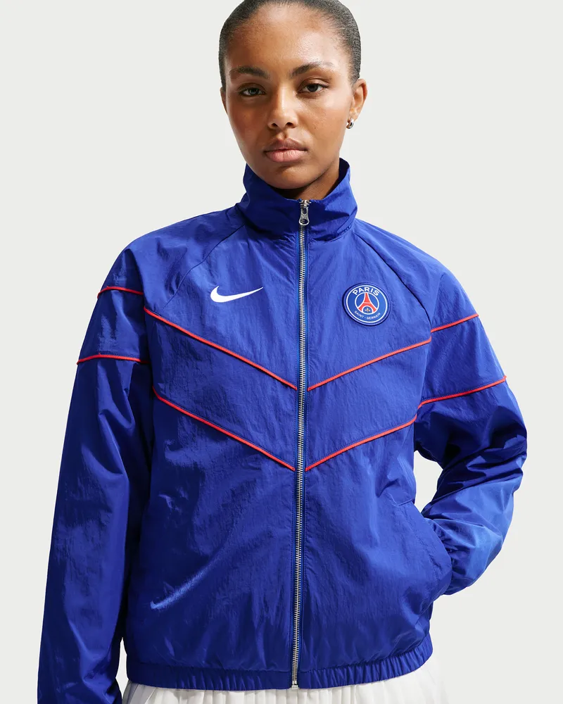 Nike Paris Saint-Germain Windrunner Home  Fußball-Hymnenjacke aus Webmaterial mit durchgehendem Reißverschluss und UV-Schutz (Damen) - Blau Blau