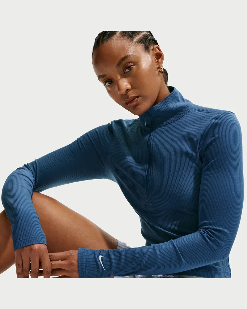 Nike Chill Knit langärmliges, eng geschnittenes Ripp-Oberteil mit Viertel-Reißverschluss (Damen) - Blau Blau