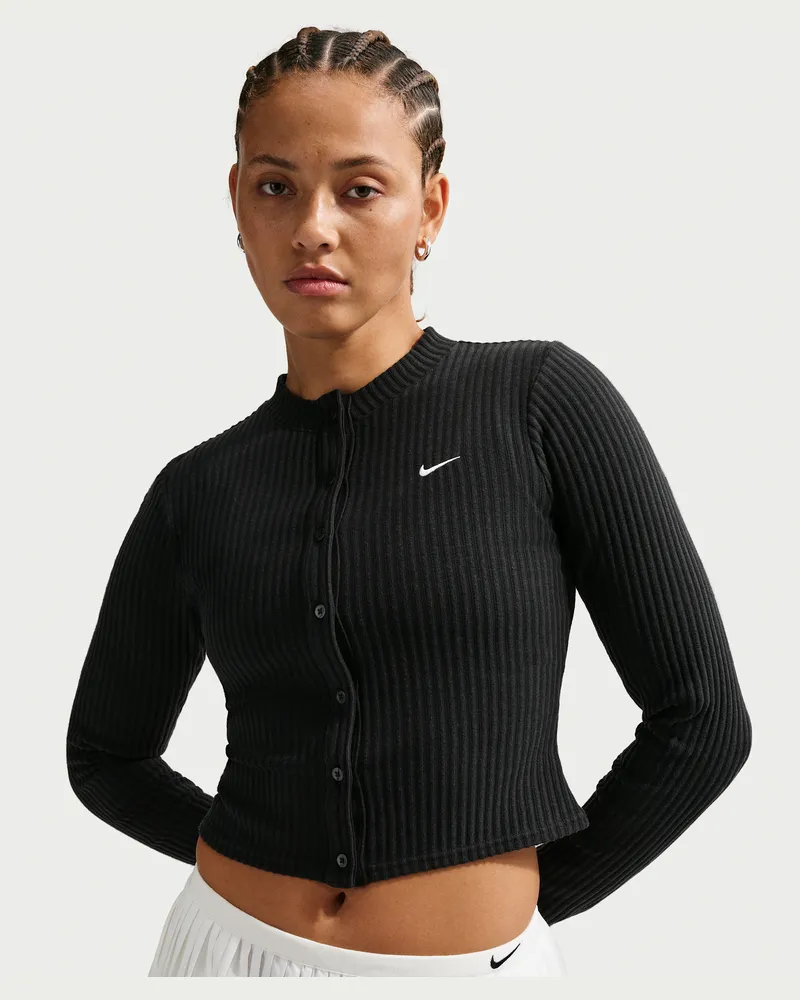 Nike Chill Knit schmal geschnittener Cardigan aus breitem Rippmaterial (Damen) - Schwarz Schwarz