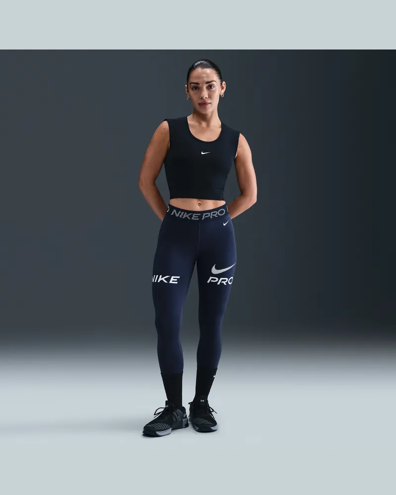 Nike Pro 7/8-Leggings mit mittelhohem Bund, Mesh-Einsatz und Grafik (Damen) - Blau Blau