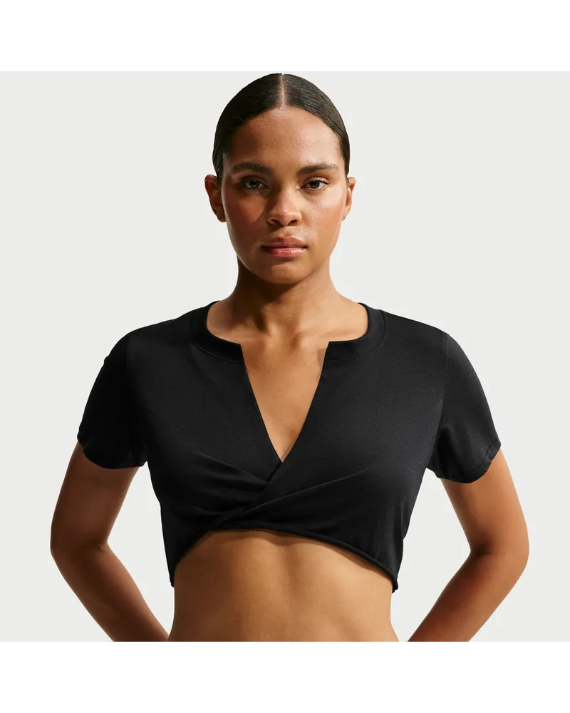 Nike SKIMS Performance Cotton Blend Cropped-Twist-Kurzarm-Oberteil mit V-Ausschnitt (Damen) - Schwarz Schwarz